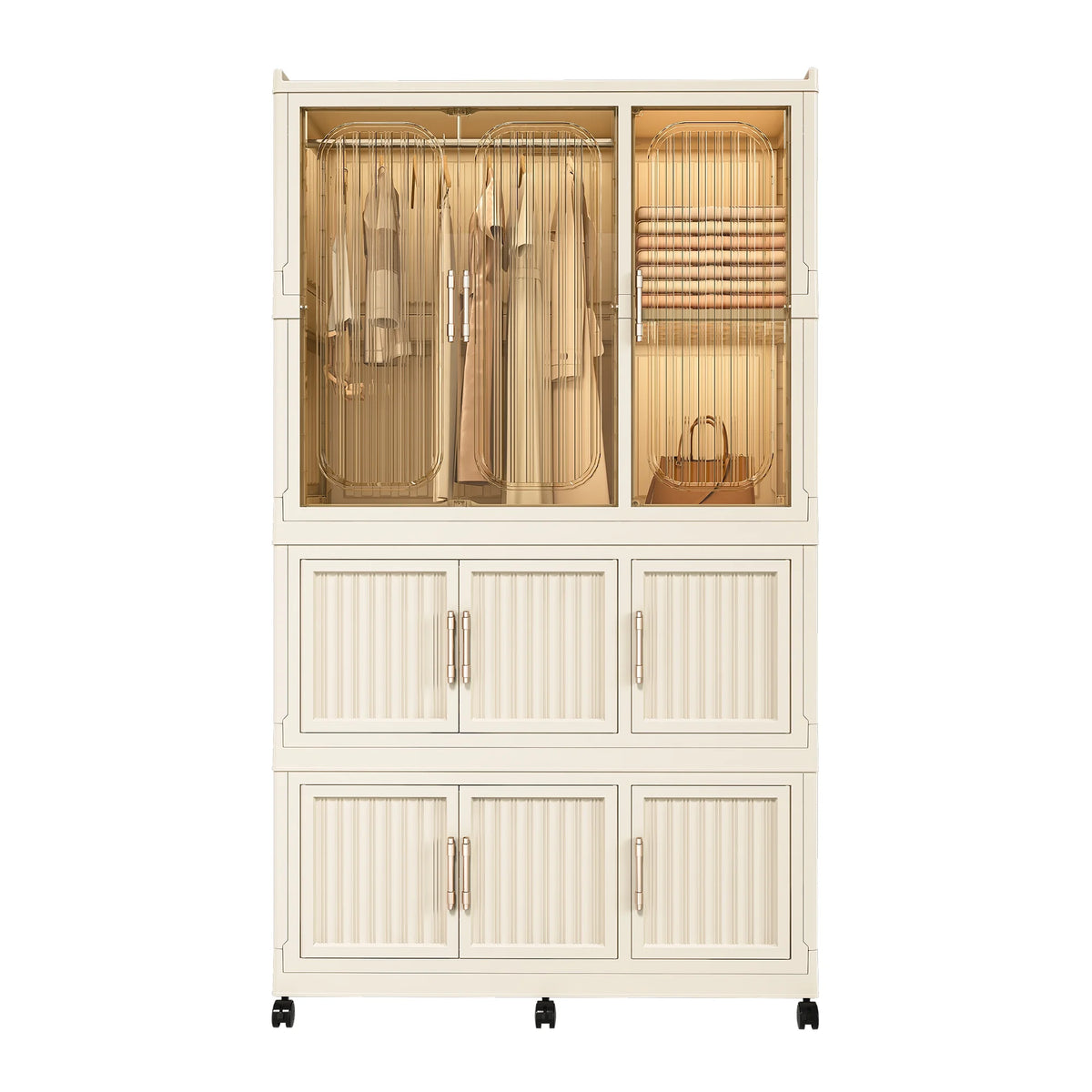 Penderie portable pour enfants Montary avec portes magnétiques et tringle – Meuble de rangement en plastique à 4 casiers pour chambre d'enfant