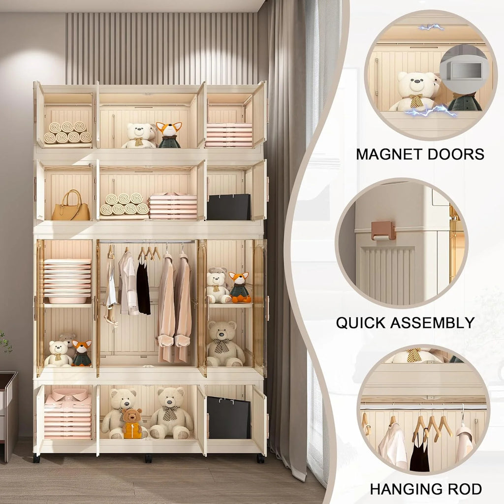 Penderie portable pour enfants Montary avec portes magnétiques et tringle – Meuble de rangement en plastique à 4 casiers pour chambre d'enfant