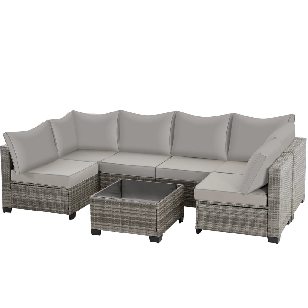Salon de jardin Ainfox 7 pièces en promotion, canapé en rotin gris avec coussins gris