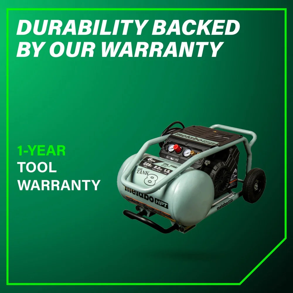 Compresseur d’air Metabo HPT, THE TANK, compresseur d’air sur chariot de 8 gallons, 225 PSI, polyvalent pour les cloueuses de charpente, de bardage, de finition ou de toiture, mobilité facile grâce aux pneus en caoutchouc, EC1315S