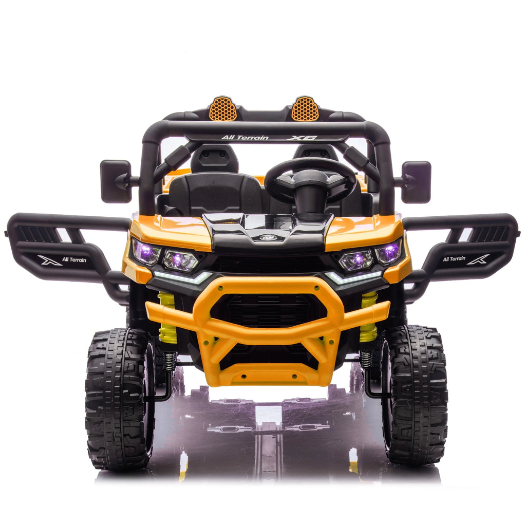 Xuanlur Voiture électrique pour enfants 24V 2 places, UTV avec moteur 2x200W, Jouet électrique 24 volts avec benne/pelle, Voiture électrique pour enfants avec pneus résistants, lumière LED, musique, télécommande, noire