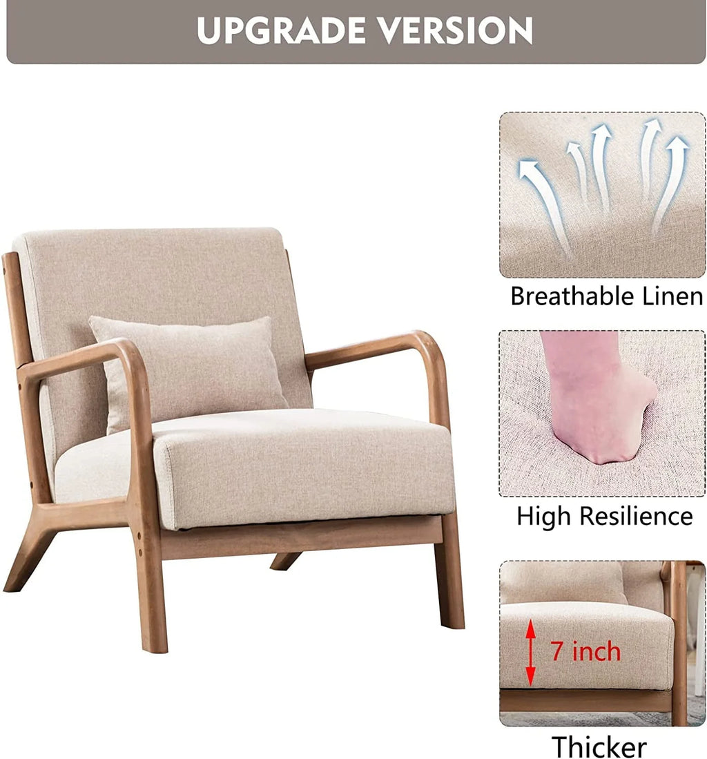 Fauteuil d'appoint Bonzy Home de style moderne du milieu du siècle, fauteuil de lecture individuel en tissu avec structure en bois massif, fauteuils à montage facile pour salon, beige