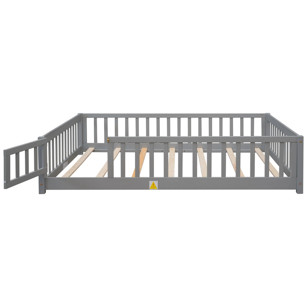 uhomepro Cadre de lit au sol en bois 2 places avec barrière et porte pour enfants et tout-petits, Gris