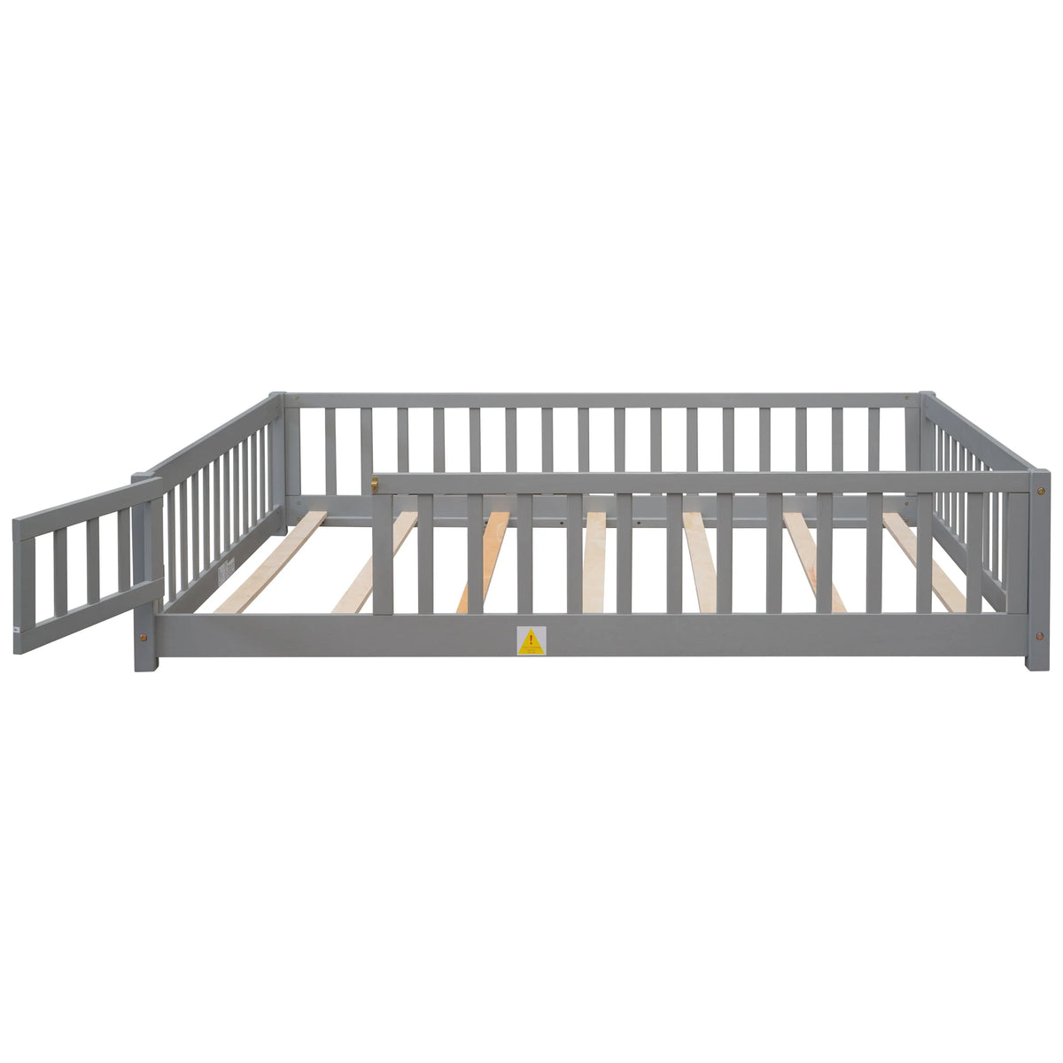 uhomepro Cadre de lit au sol en bois 2 places avec barrière et porte pour enfants et tout-petits, Gris