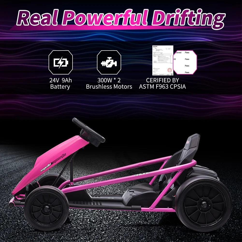 Kart Simzone pour enfants, batterie 24 V, 2 moteurs de 300 W, pédalage au pied, vitesse de 8 mi/h, voiture de dérapage à grande vitesse avec démarrage progressif, musique, pneus robustes et résistants, bleu