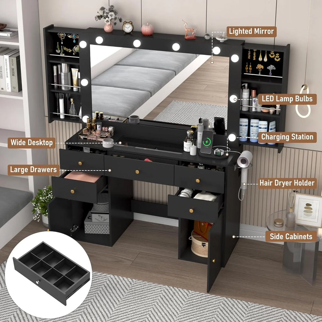 Coiffeuse blanche avec grand miroir lumineux et prise électrique, table de maquillage avec plateau en verre et tiroirs, rangement coulissant, grande coiffeuse de maquillage de 44,1 pour femmes et filles, blanche