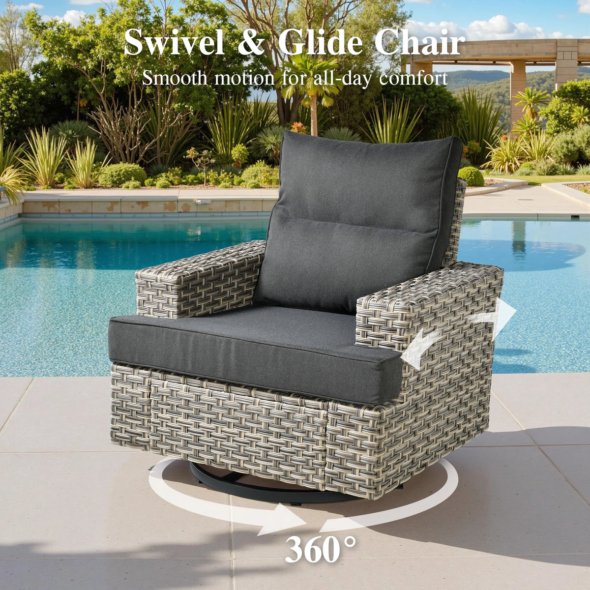 Ovios Salon de jardin modulable moderne en résine tressée toutes saisons à dossier haut, 10 pièces, avec table brasero au propane et fauteuil pivotant, gris foncé