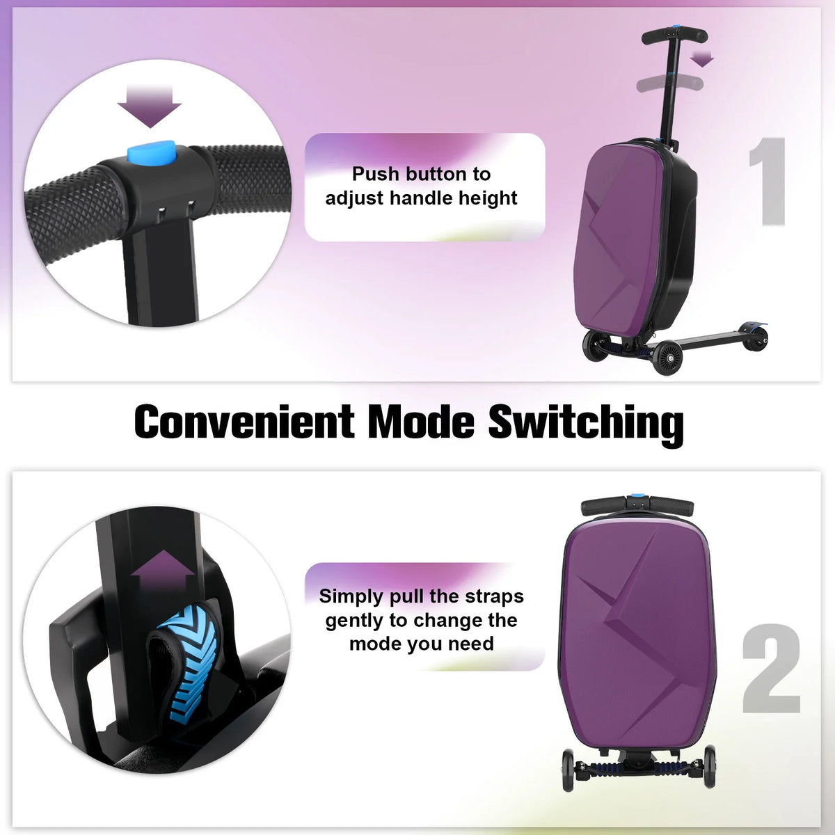 Valise à roulettes Advwin pour enfants et adultes, valise rigide sur laquelle les enfants de 4 à 15 ans peuvent rouler, bagage cabine multifonction léger et pliable avec roulettes, pour enfants et adolescents, rose