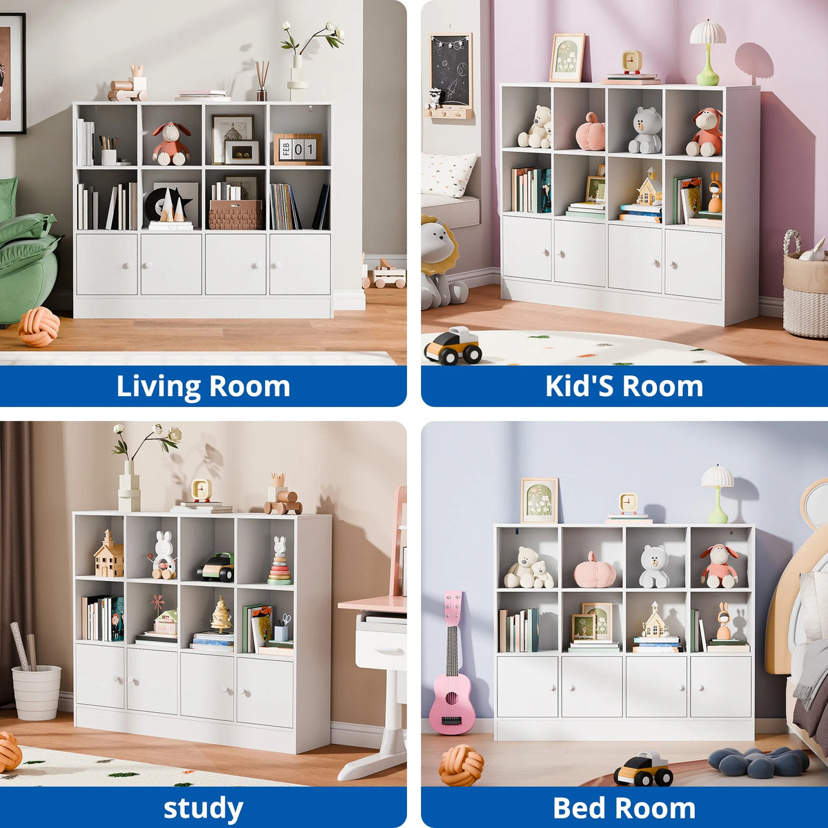 Bibliothèque ouverte à 3 niveaux Cozy Castle avec 12 cubes et 4 portes, étagères réglables, blanche