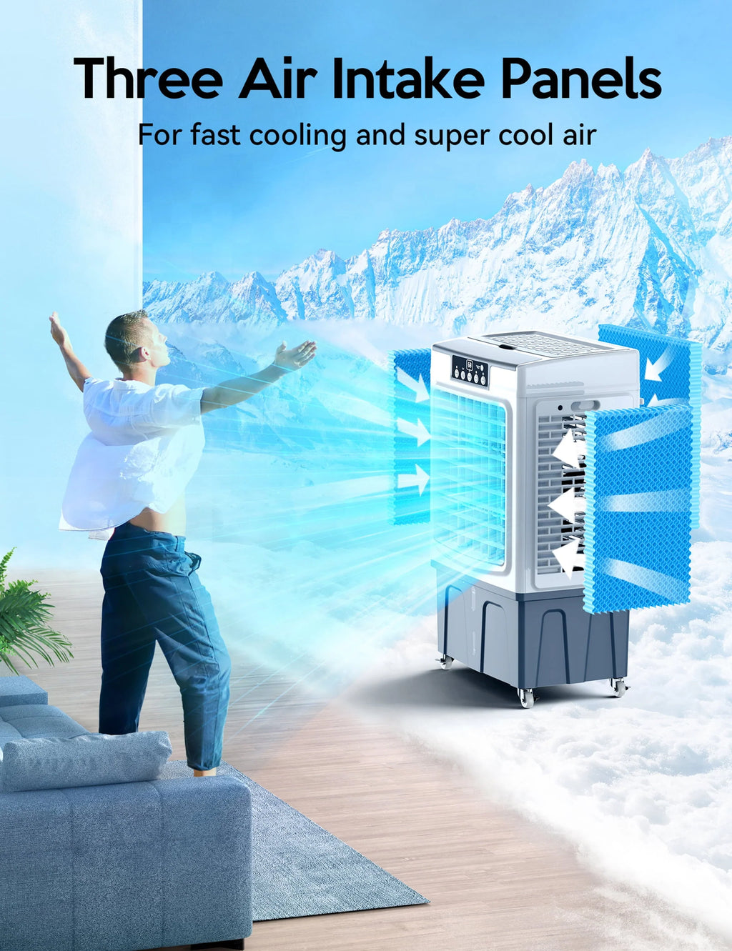 Rafraîchisseur d'air évaporatif, 2100 CFM, oscillation 120°, avec télécommande, minuterie 24 h, 3 vitesses de ventilation, pour intérieur et extérieur, 7,9 gallons