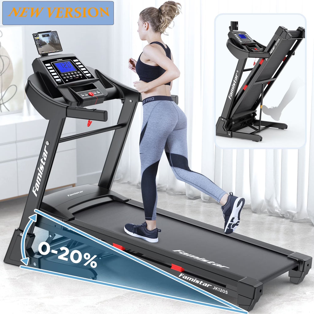 JK1205 Tapis de course en liquidation 300 lbs avec inclinaison automatique à 20 niveaux, commandes de vitesse jusqu'à 12 MPH, machine de course et de marche portable, 4,0 CV, sangle pour genou offerte