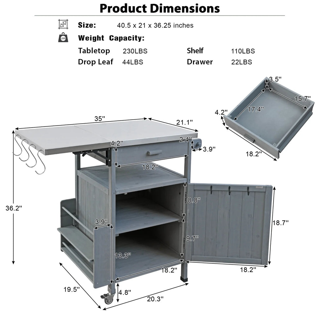 Îlot de cuisine d'extérieur en bois massif avec abattant, table pour barbecue avec plateau en acier inoxydable, chariot de bar d'extérieur et meuble de rangement avec roulettes verrouillables, tiroir, porte-épices, gris-bleu