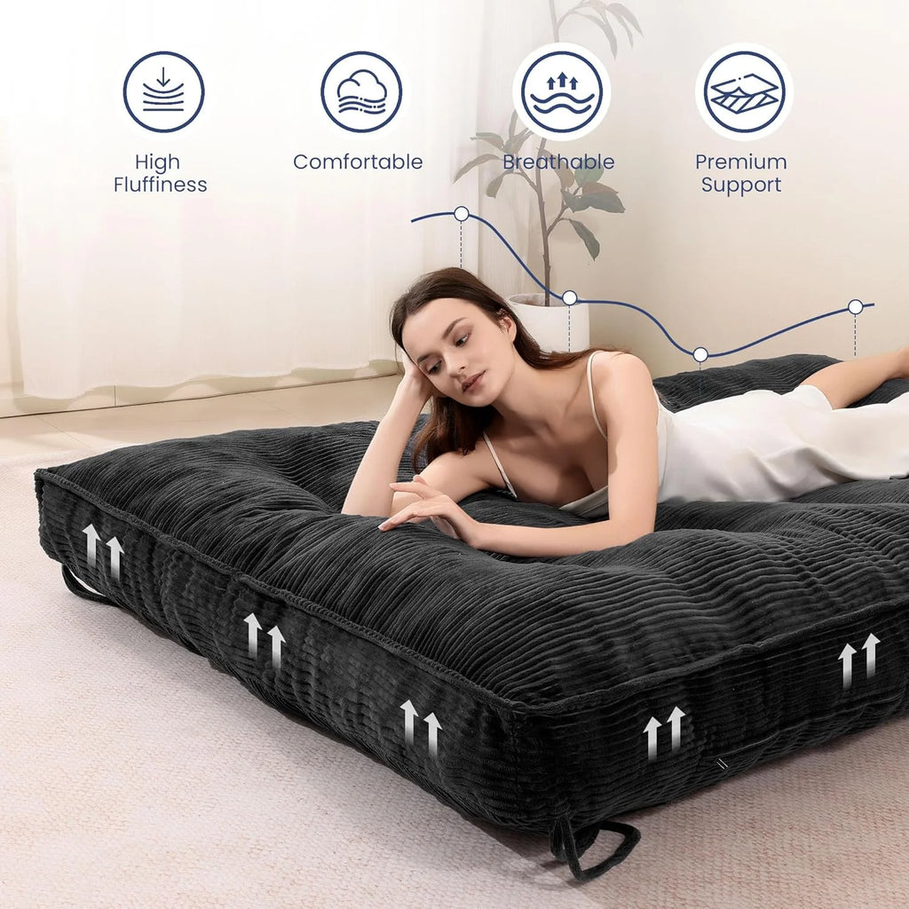 Matelas Futon 8 Pouces Taille Double, Canapé-Lit Futon Extra Épais Matelas Japonais Amélioré Matelas Futon au Sol pour Adultes Matelas Futon Japonais Pliable 8, Noir (Cadre Non Inclus)