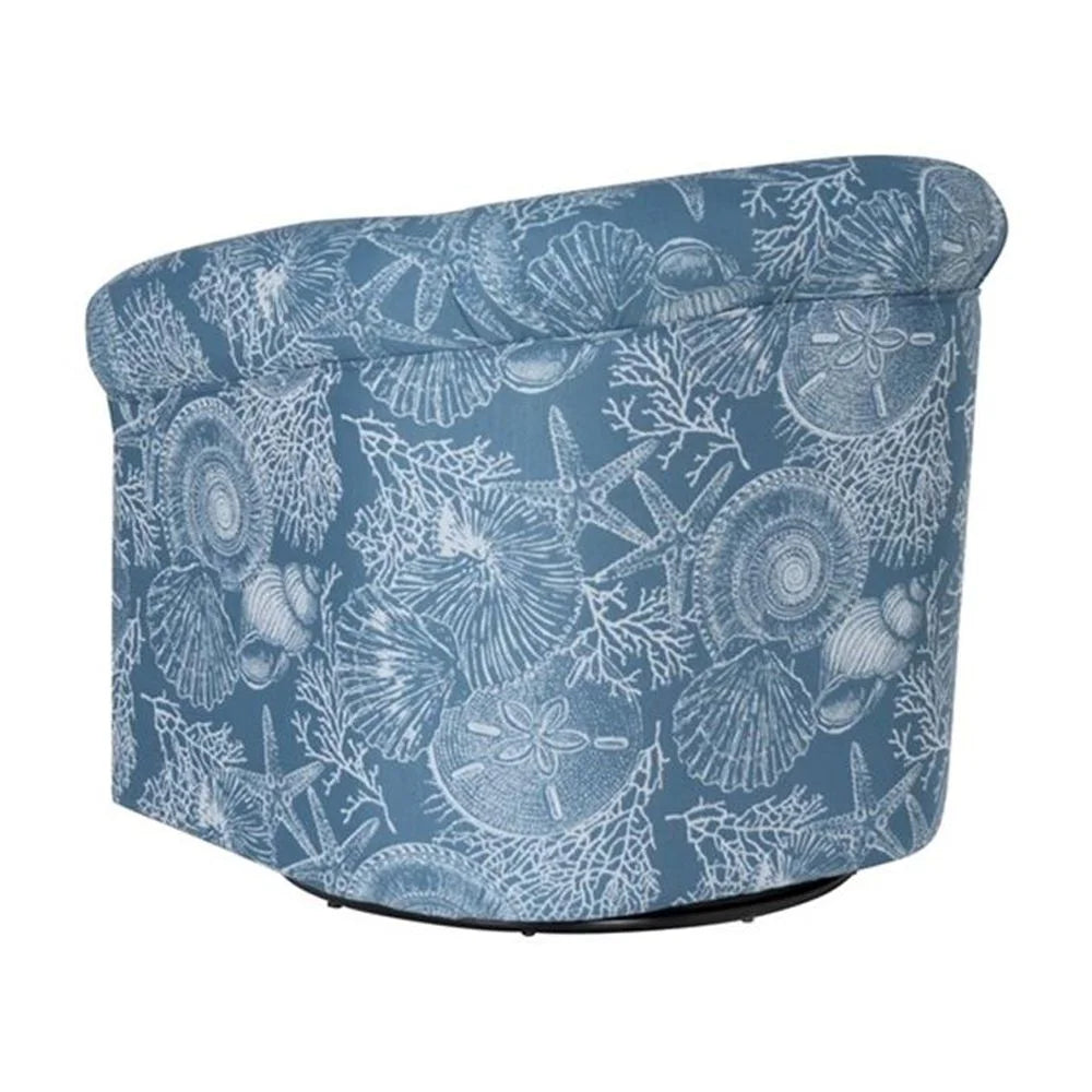 Fauteuil club pivotant entièrement rembourré Linon Rhea, motif coquillages bleus, style côtier
