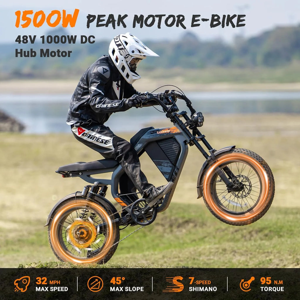 Luckeep M5 Electric Bike for Adults/Teen, 1500W Peak Motor, Max 32MPH,48V 15AH Battery, Max 60 Miles Electric Motorcycle for Mountains,20 Fat Tire Electric Dirt Bike,Sand,Road,Full Suspension