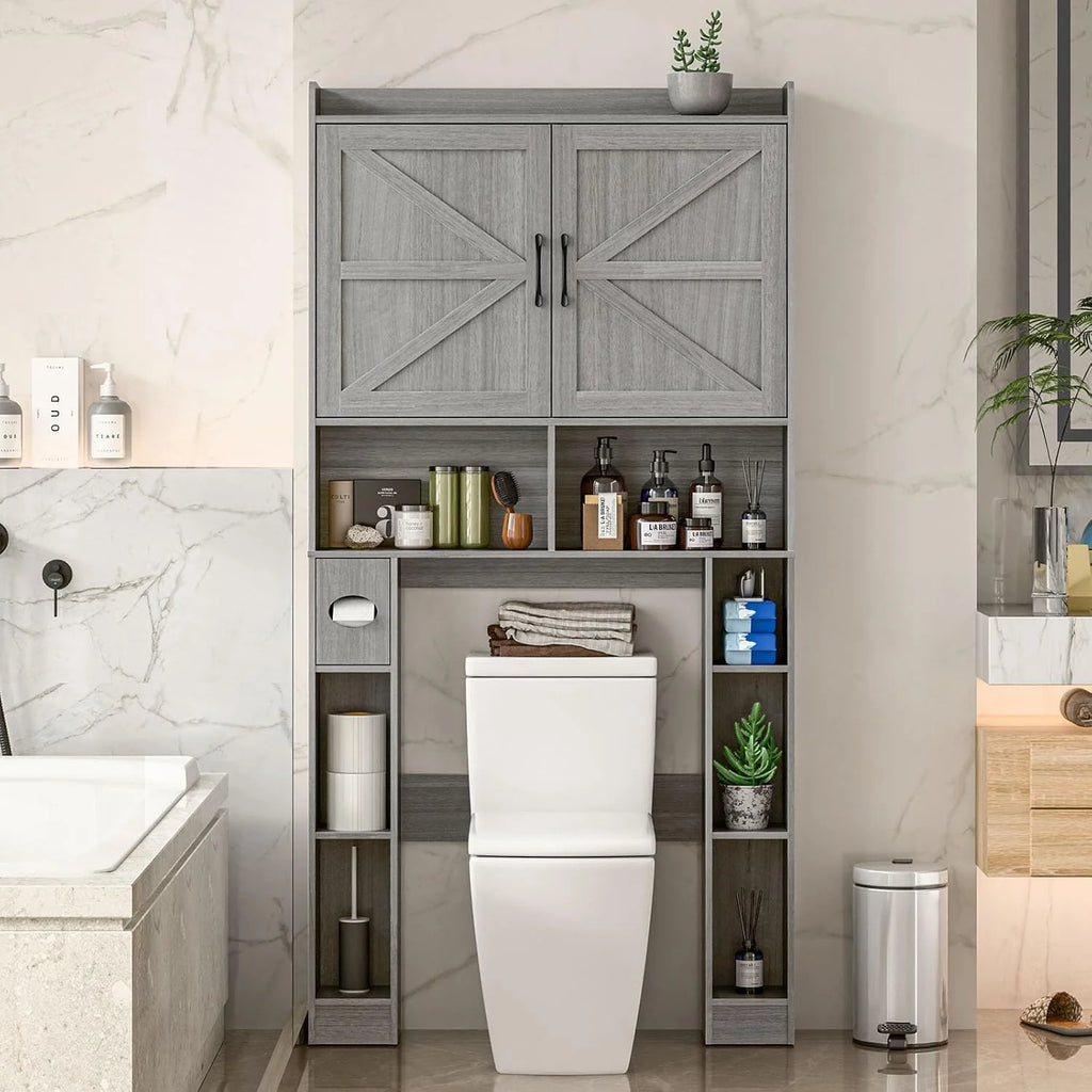 Meuble de rangement Vabches au-dessus des toilettes avec porte-papier toilette, avec étagère réglable et 2 portes