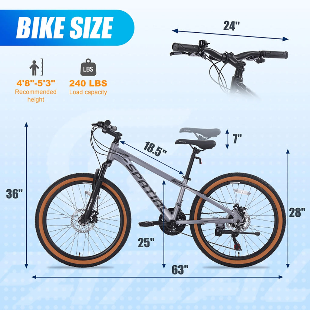 Vélo tout-terrain SPATIAL 24 pouces pour adolescents, VTT 21 vitesses, cadre en aluminium et doubles freins à disque