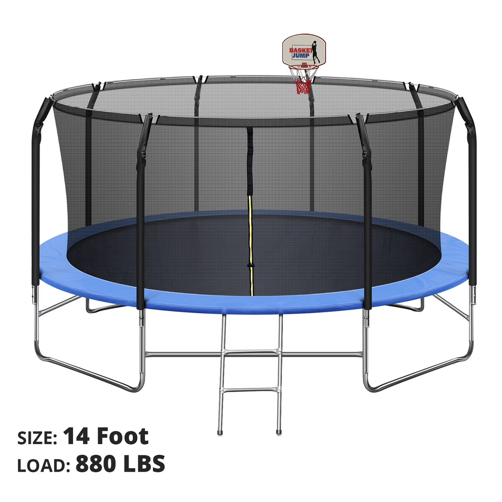 Trampoline de 14 pieds pour enfants, avec panier de basket et filet de sécurité, capacité de 880 lb pour 4 enfants, tapis imperméable et échelle, trampoline d’extérieur pour jardin