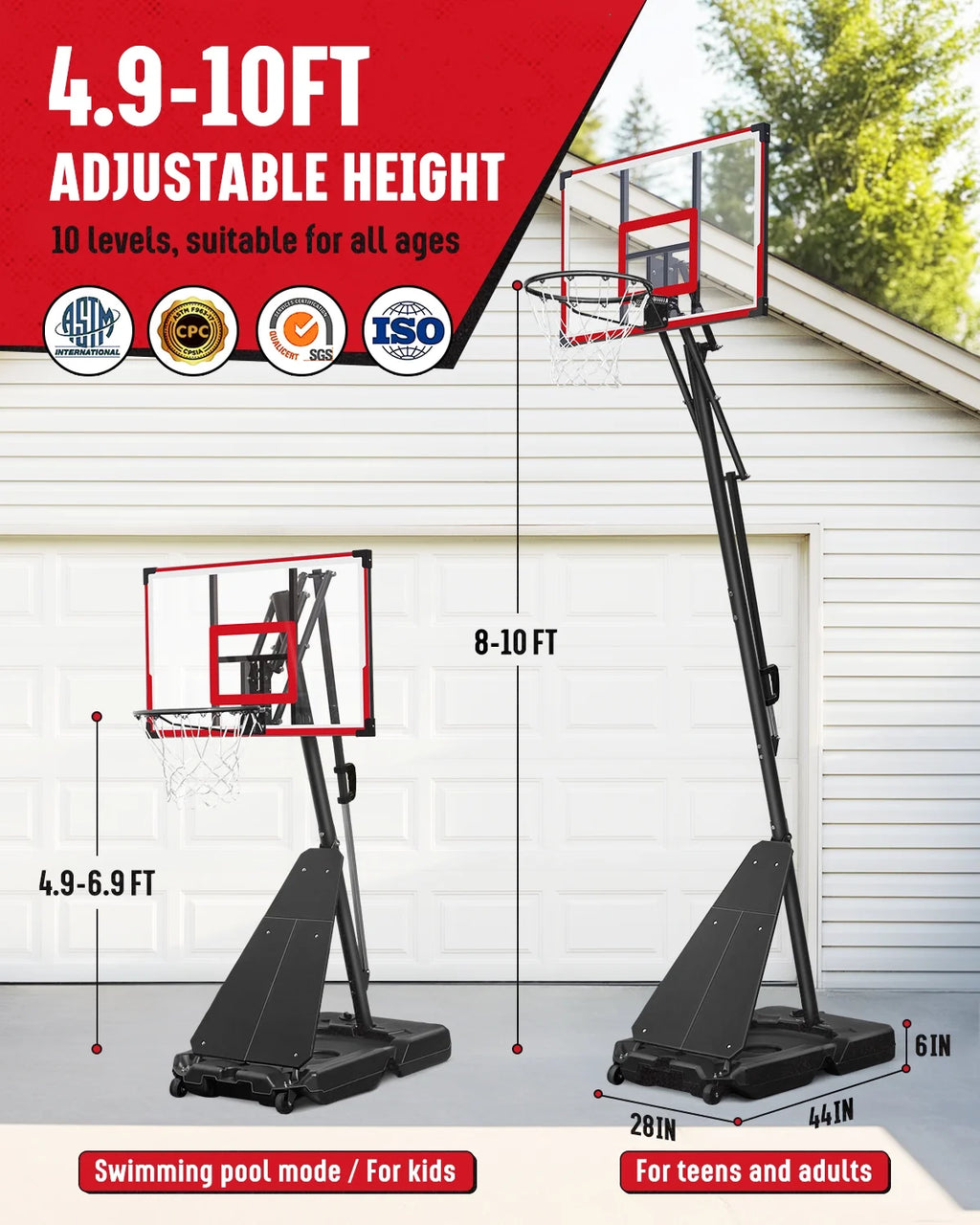 Panier de basketball Seray réglable en hauteur de 4,8 à 10 pieds pour enfants/adultes, panier de basketball portable avec panneau de 44 pouces et 2 roues pour sports en extérieur/intérieur