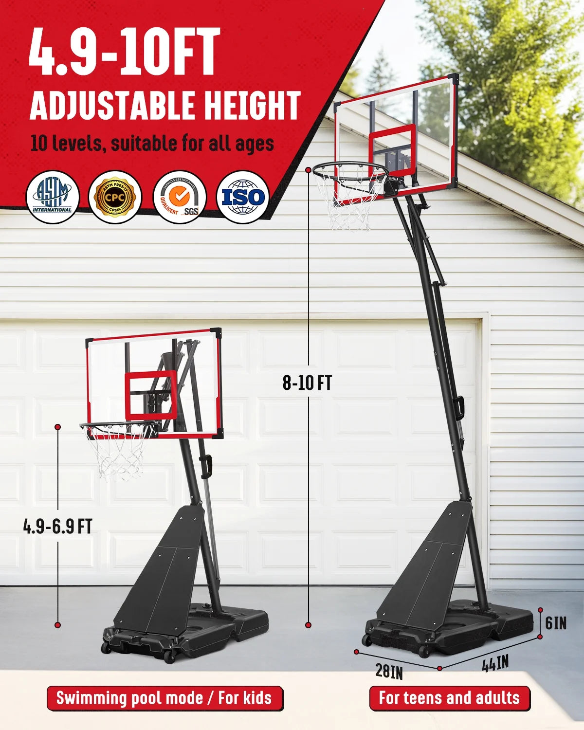 Panier de basketball Seray réglable en hauteur de 4,8 à 10 pieds pour enfants/adultes, panier de basketball portable avec panneau de 44 pouces et 2 roues pour sports en extérieur/intérieur