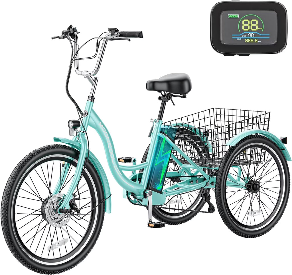 Tricycles électriques ABORON 24 26, batterie au lithium 36 V 10 Ah 350 W, triporteur électrique 7 vitesses pour adultes avec grand panier arrière et siège réglable