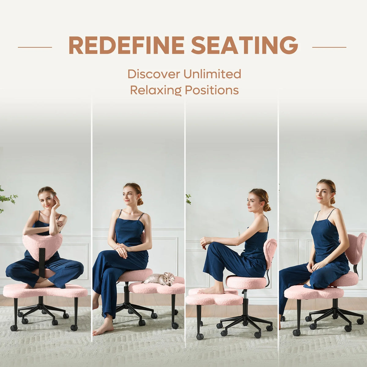 Chaise ergonomique pivotante pour position en tailleur Pinmoco, hauteur réglable et tissu bouclette, chaise de méditation et pour TDAH avec soutien dorsal, pour la maison et le bureau, blanc cassé