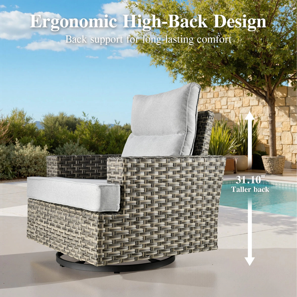 Ovios Salon de jardin modulable moderne en résine tressée toutes saisons à dossier haut, 10 pièces, avec table brasero au propane et fauteuil pivotant, gris foncé