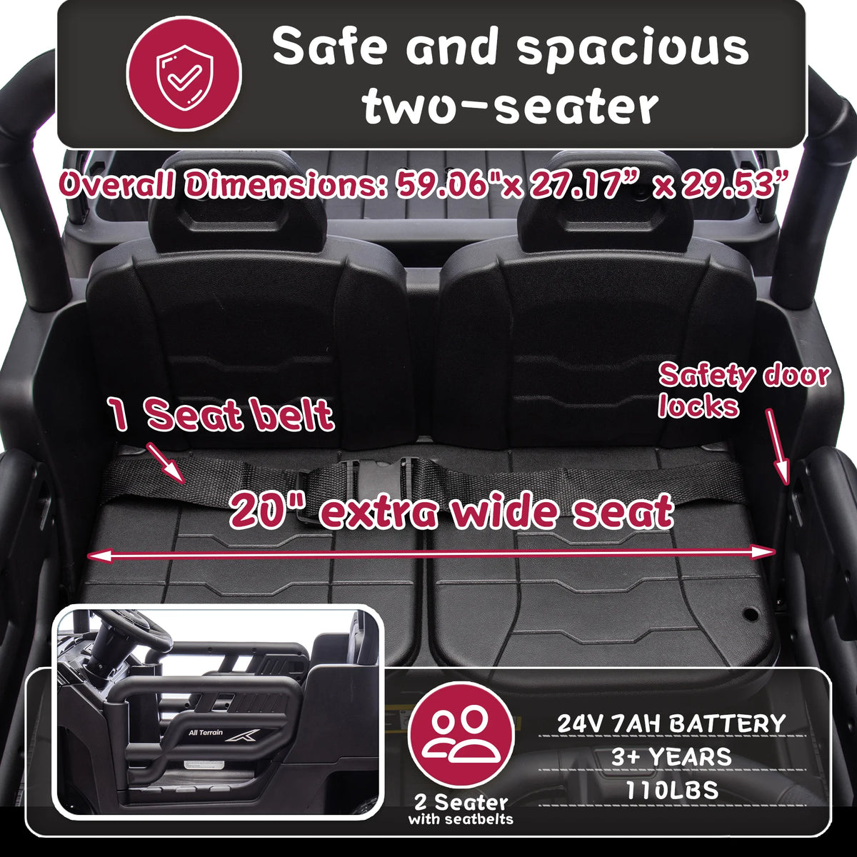 Xuanlur Voiture électrique pour enfants 24V 2 places, UTV avec moteur 2x200W, Jouet électrique 24 volts avec benne/pelle, Voiture électrique pour enfants avec pneus résistants, lumière LED, musique, télécommande, noire