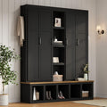 Vestiaire d’entrée style maison de campagne avec banc et rangement pour chaussures, 4-en-1, avec 4 placards, 5 casiers à chaussures et 6 crochets, noir