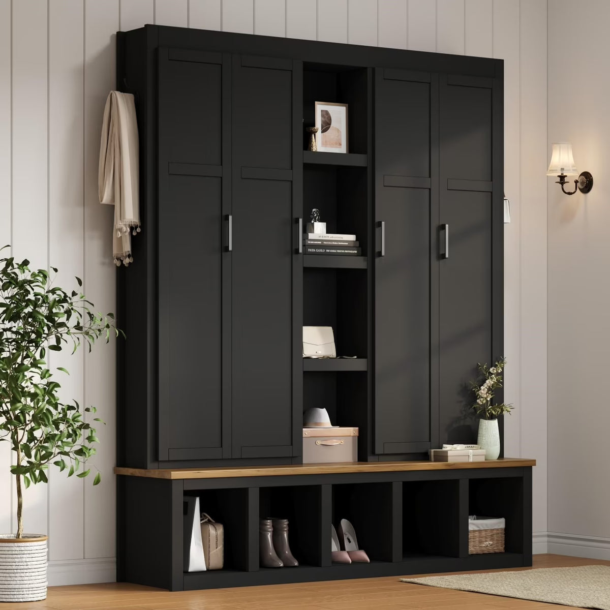 Vestiaire d’entrée style maison de campagne avec banc et rangement pour chaussures, 4-en-1, avec 4 placards, 5 casiers à chaussures et 6 crochets, noir