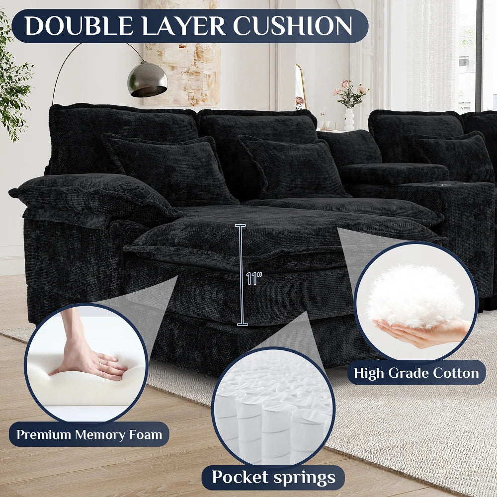 Canapé modulable en U Wiilayok Cloud Couch, méridienne double extra profonde de 124 cm en chenille duveteuse, console centrale avec ports USB-C et A doubles, gris tempête