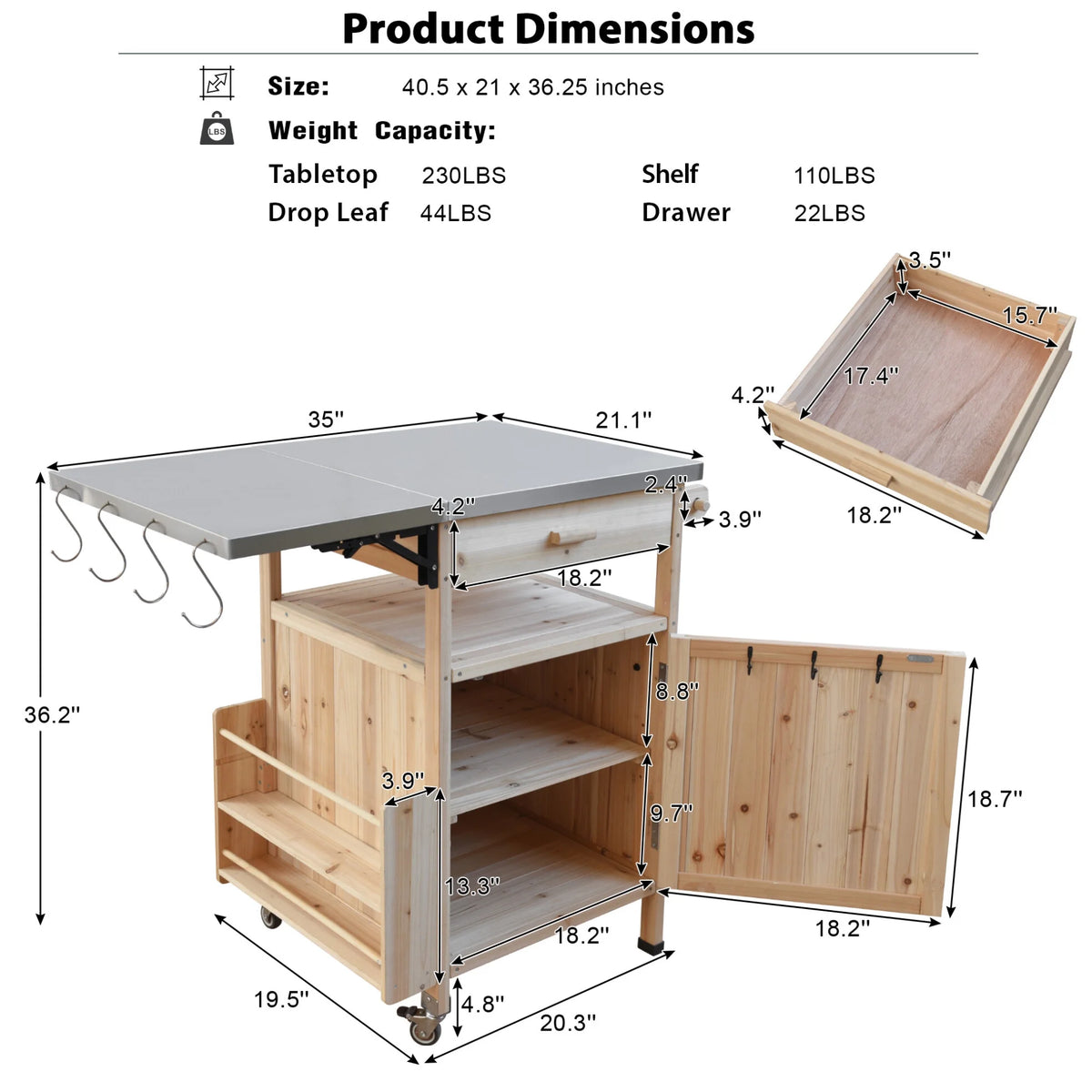Îlot de cuisine d'extérieur en bois massif avec abattant, table pour barbecue avec plateau en acier inoxydable, chariot de bar d'extérieur et meuble de rangement avec roulettes verrouillables, tiroir, porte-épices, gris-bleu