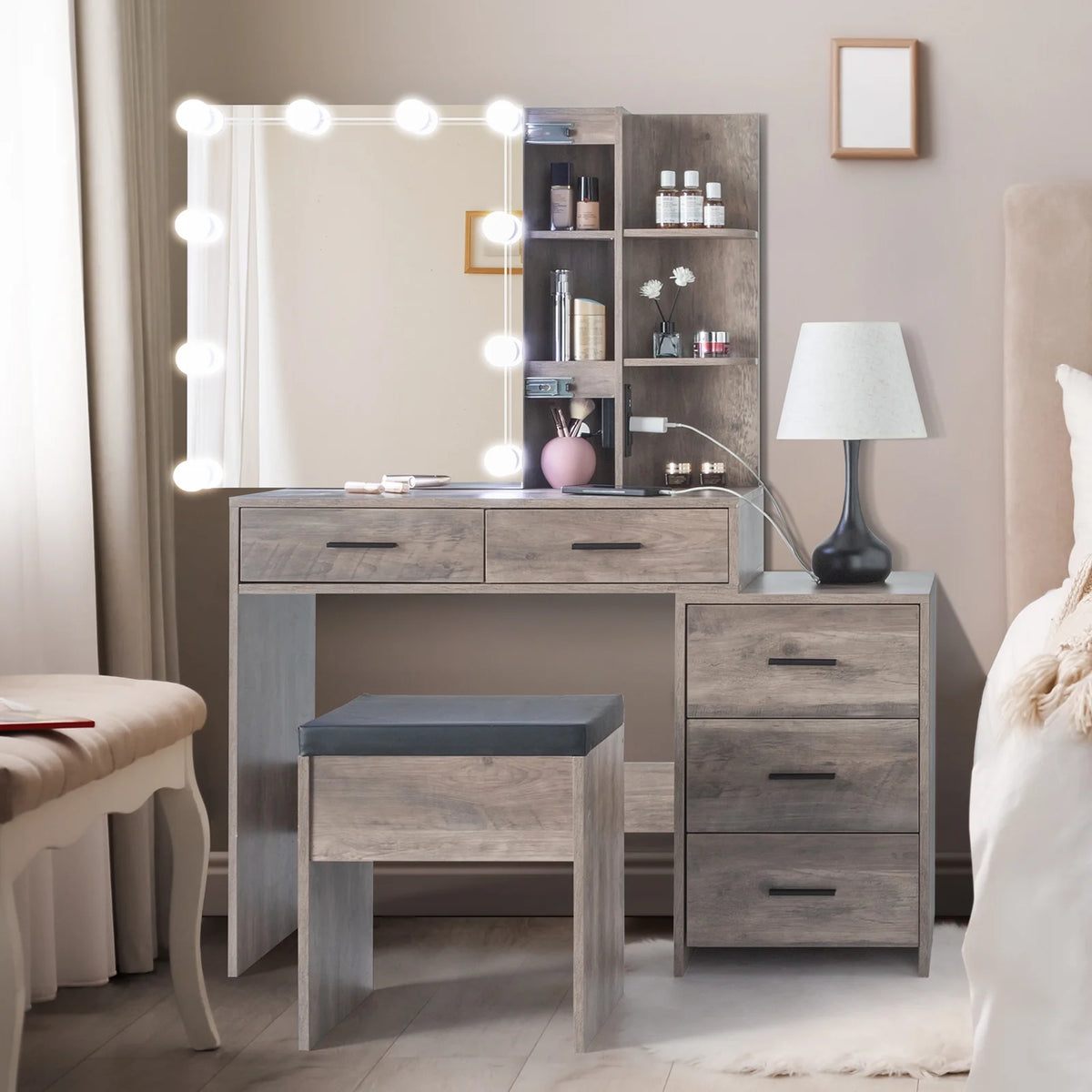 Coiffeuse Ktaxon avec miroir éclairé à 3 couleurs & station de charge, table de maquillage avec 3 étagères de rangement & tiroirs, bureau de toilette avec tabouret, gris rétro