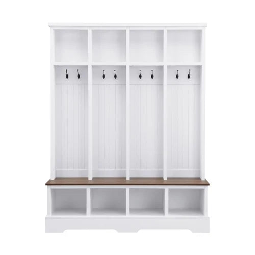 Vestiaire d’entrée style maison de campagne avec banc, meuble d’entrée de 150 cm de large avec 8 crochets et compartiments de rangement, porte-manteau moderne et banc à chaussures pour entrée, blanc