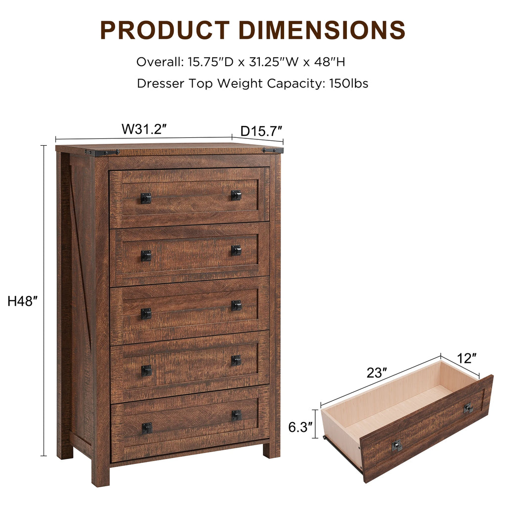 Commode Keywhat Farmhouse à 5 tiroirs pour chambre, meuble de rangement en bois pour salon, blanc antique
