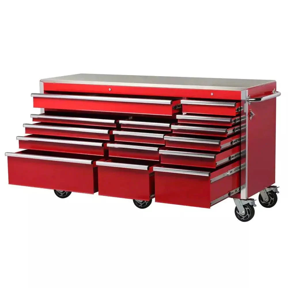 Caisson à outils robuste de 72 po l x 24 po P x 15 tiroirs, avec plateau en acier inoxydable, double verrouillage et établi mobile
