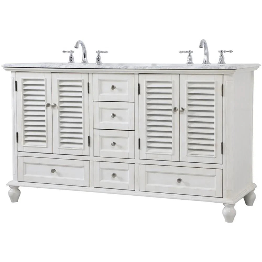 Meuble-lavabo double élégant de 60 pouces pour salle de bain, blanc antique