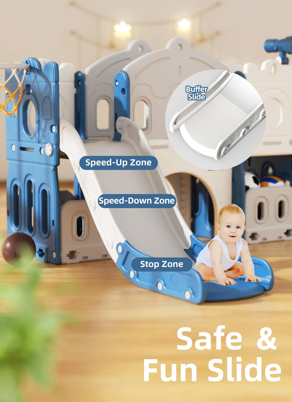 KORIMEFA Ensemble toboggan 8 en 1 pour enfants avec structure d’escalade, toboggan d’escalade pour tout-petits avec panier de basket, tunnel, aire de jeux extérieure et intérieure pour tout-petits, toboggan d’escalade, dès 1 an