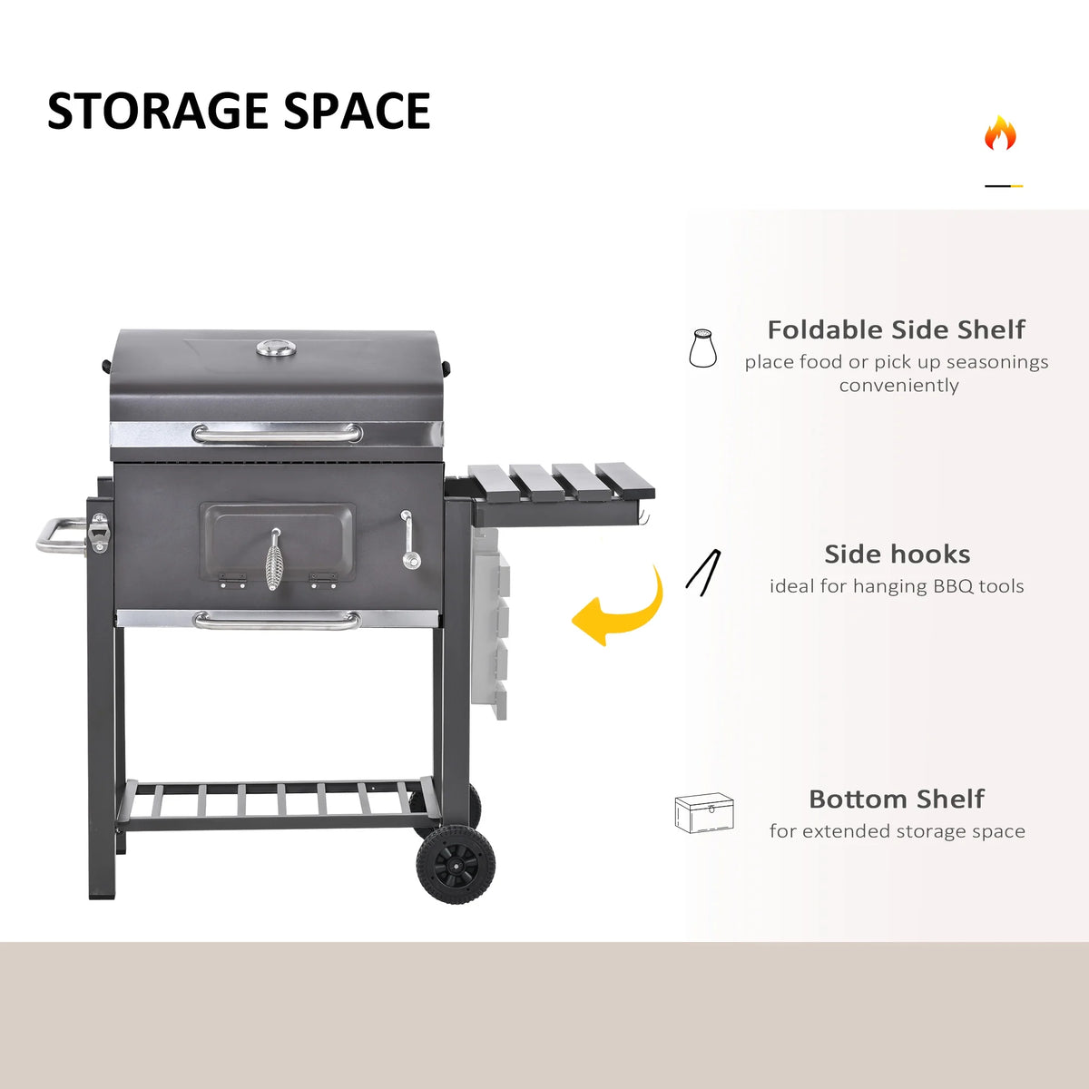 Barbecue à charbon portable Outsunny, en acier inoxydable, avec thermomètre et brûleur latéral, gris