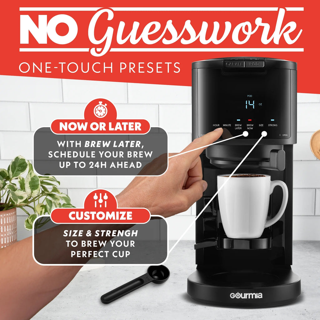 Machine à café 2-en-1 Gourmia, à dosettes individuelles + filtre 12 tasses, compatible K-Cup, noire