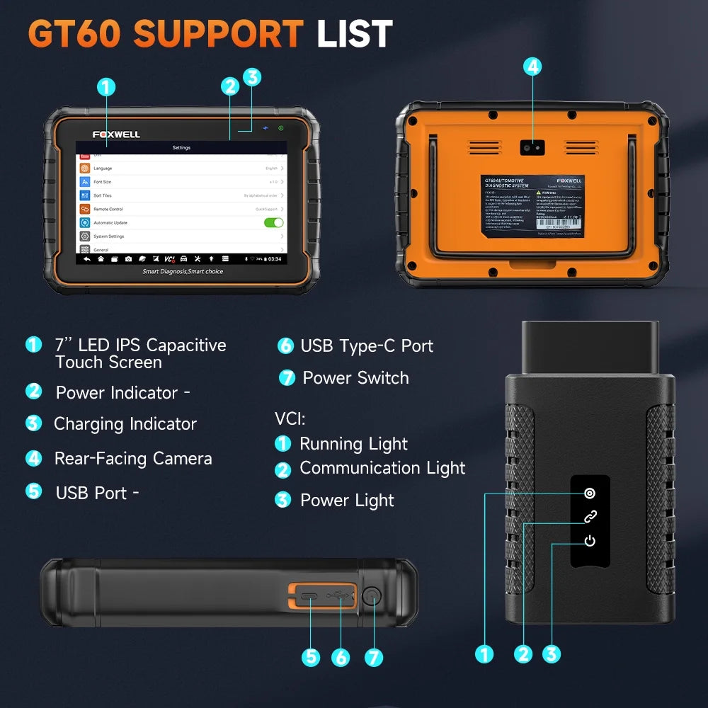Scanner OBD2 Bluetooth Foxwell GT60, outil de diagnostic automobile pour tous les systèmes, 24 fonctions d’entretien, lecteur de codes défauts et outil de purge ABS