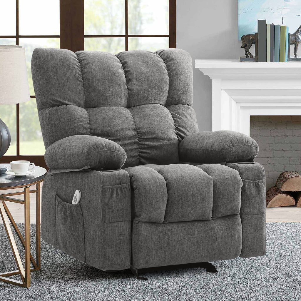 Fauteuil inclinable manuel JONPONY avec fonction de massage et de chauffage, mécanisme d’inclinaison robuste, fauteuil à bascule individuel pour personnes âgées avec porte-gobelets, pour chambre et salle de cinéma maison, gris