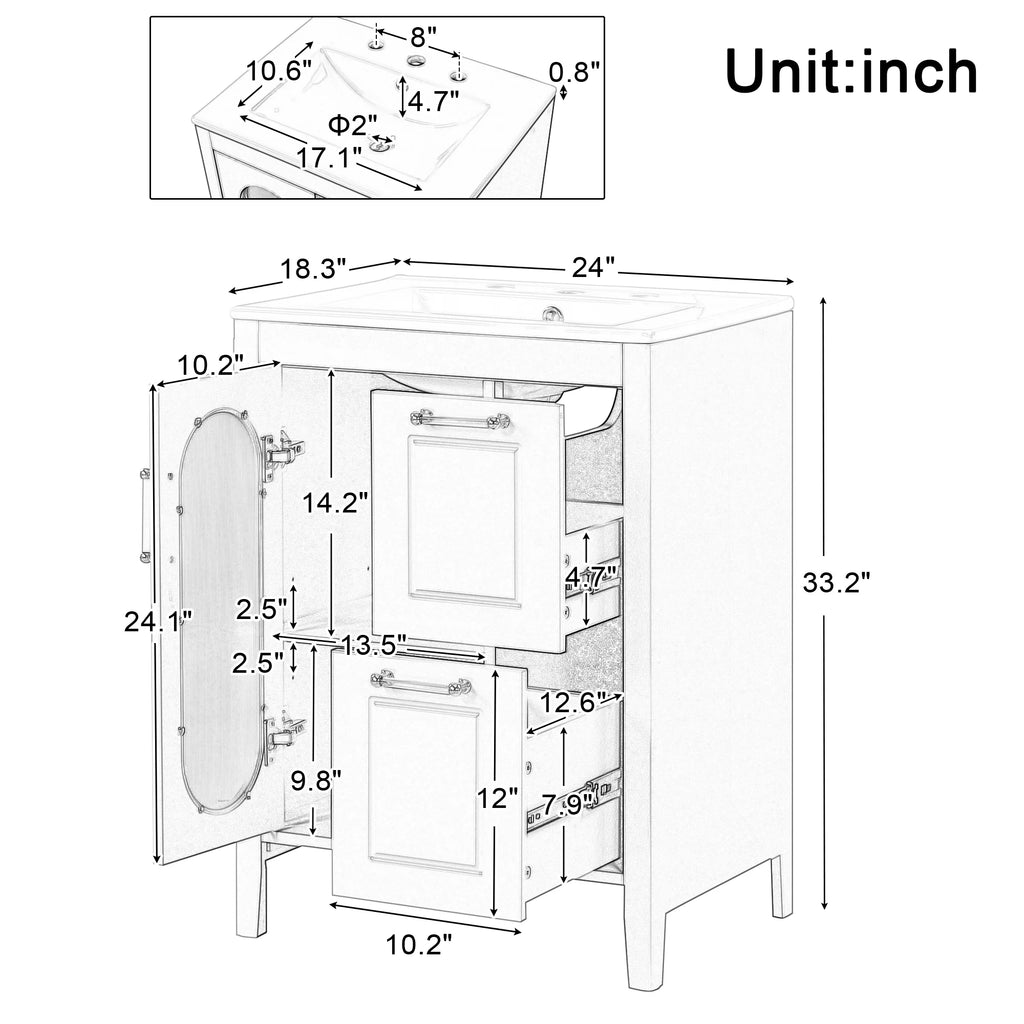 Meuble-lavabo Soges 24 avec vasque en céramique, meuble de toilette en bois massif avec porte, étagère réglable et 2 tiroirs, ensemble lavabo simple autoportant pour petite salle de bains, blanc