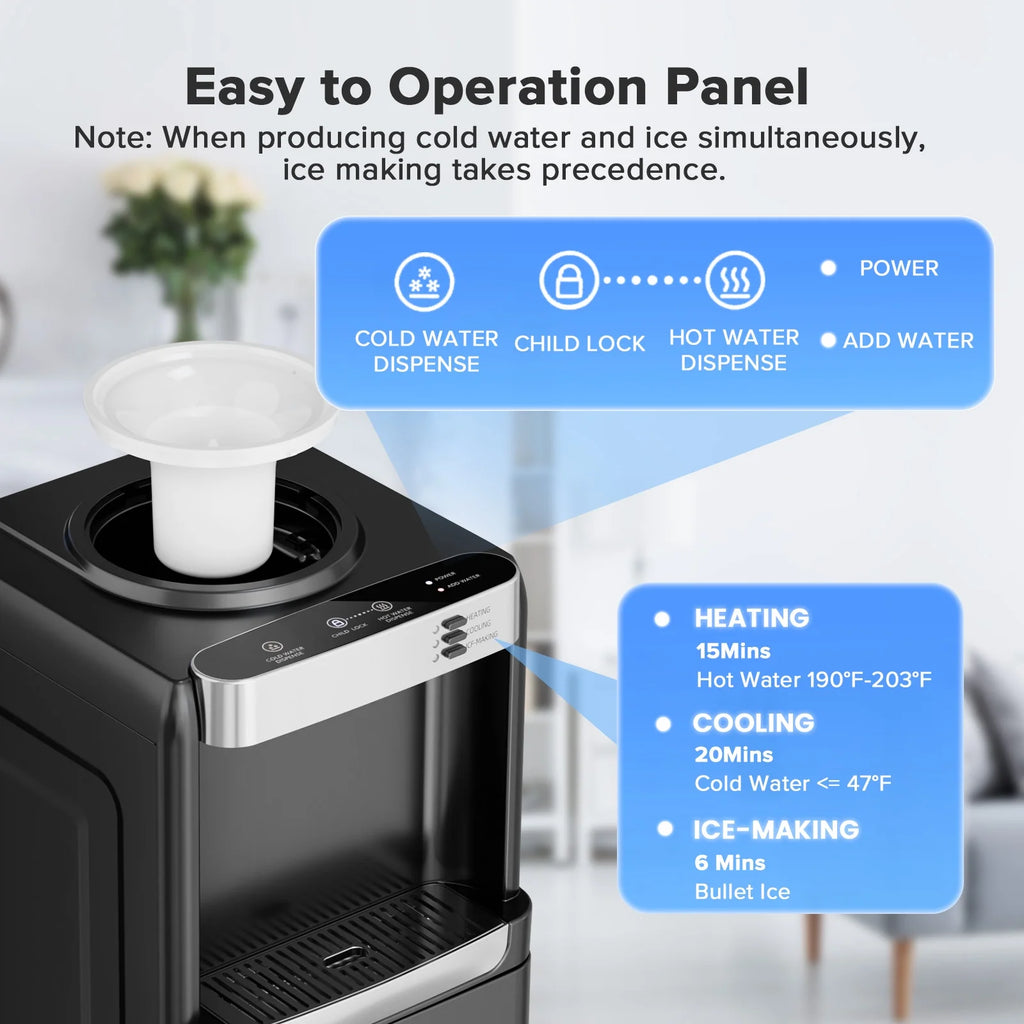 LHRIVER Distributeur d’eau 2-5 gallons & Machine à glaçons 6 min, 3-en-1 Chaud/Froid/Glace, Verrouillage enfant & Économe en énergie, pour Maison/Bureau, Noir