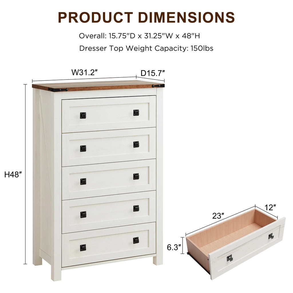 Commode Keywhat Farmhouse à 5 tiroirs pour chambre, meuble de rangement en bois pour salon, blanc antique