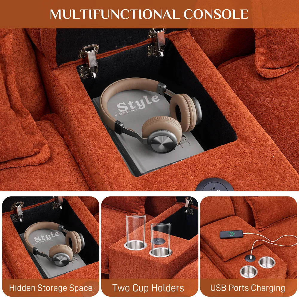 Canapé modulable en U Wiilayok Cloud Couch, méridienne double extra profonde de 124 cm en chenille duveteuse, console centrale avec ports USB-C et A doubles, gris tempête