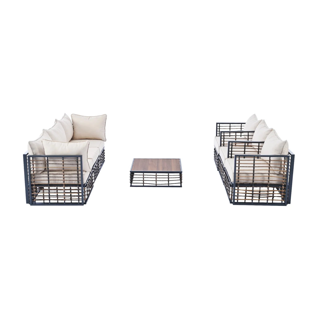 Ensemble de salon de jardin modulable en métal 7 pièces, canapé en rotin moderne et minimaliste avec coussins épais et table basse, salon d’extérieur toutes saisons pour jardin, bord de piscine et cour arrière, gris