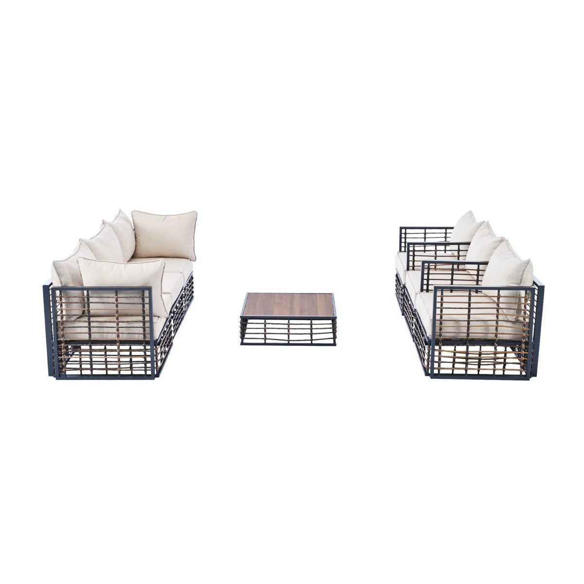 Ensemble de salon de jardin modulable en métal 7 pièces, canapé en rotin moderne et minimaliste avec coussins épais et table basse, salon d’extérieur toutes saisons pour jardin, bord de piscine et cour arrière, gris