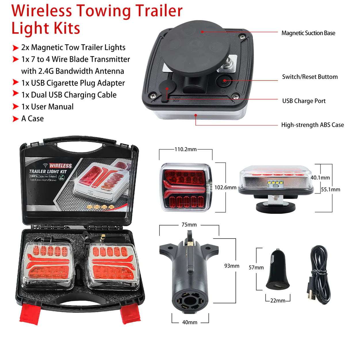 Kit de feux de remorquage magnétiques sans fil, Kit de feux de remorque rechargeables par batterie pour remorques, camions, camping-cars et bateaux