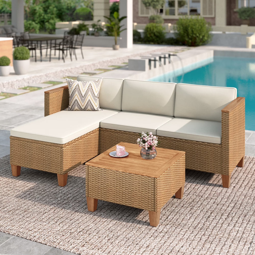 Ensemble de salon de jardin 3 pièces MF Studio, canapé d’angle modulable en résine tressée toutes saisons avec table et coussins, beige